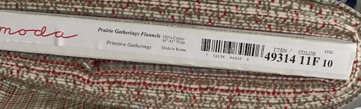 Prairie Gatherings Flannel by Primitive Gatherings for Moda, Porcelain & Red, sold by the Yard, Cut in One Continuous Cut, 49314 11F