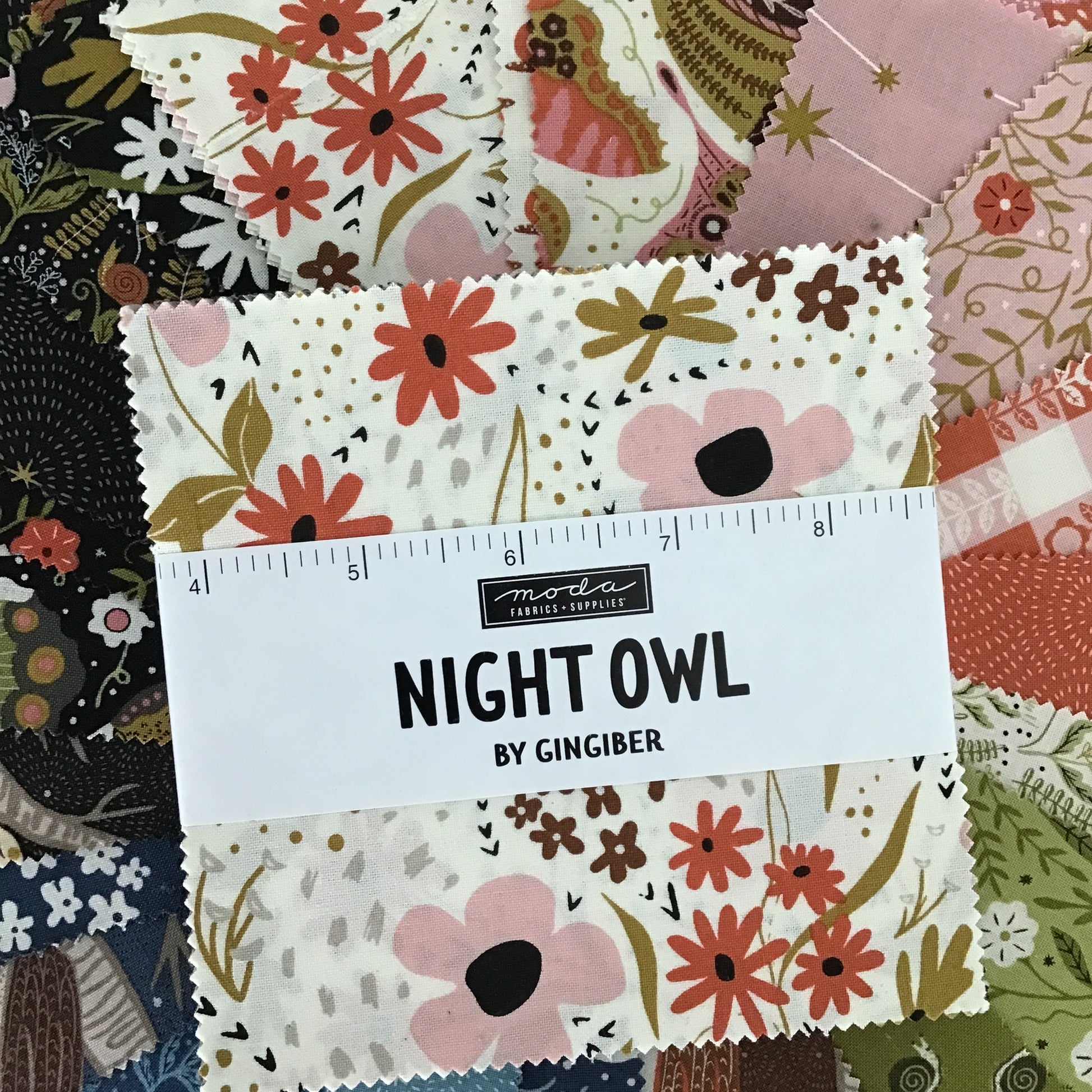 Fabric swatches with floral patterns and a ruler labeled 'Night Owl by Gingiber'.