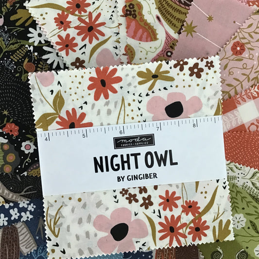Fabric swatches with floral patterns and a ruler labeled 'Night Owl by Gingiber'.