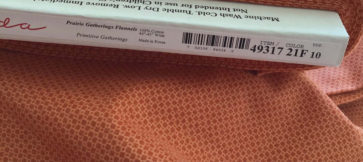Prairie Gatherings Flannel by Primitive Gatherings for Moda, Rust Box Print sold by the Yard, Cut in One Continuous Piece, 49317 21F