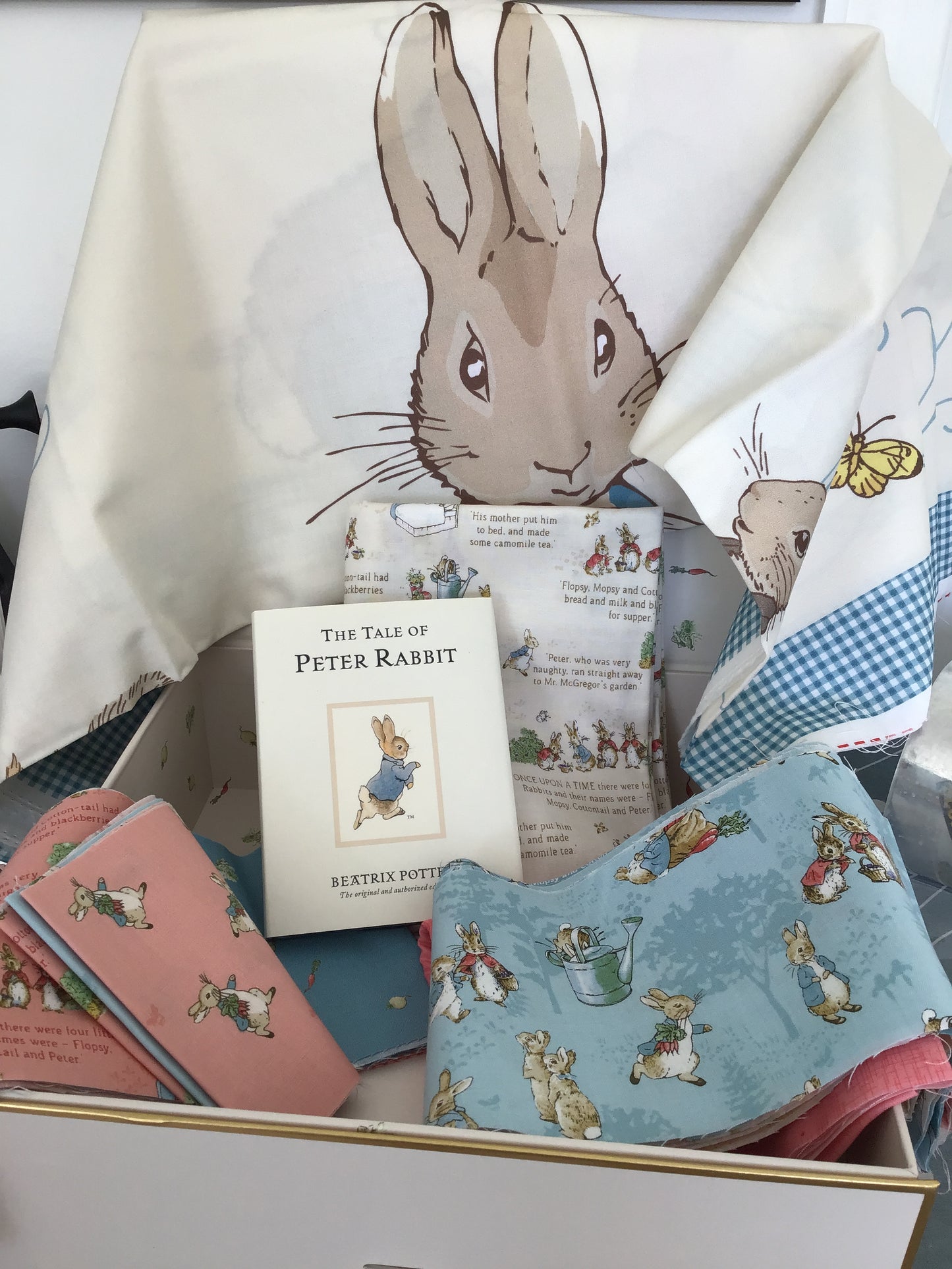 Peter Rabbit Book Adventure Quilt Kit, Includes Book, Pattern & Fabric for Quilt Top and Binding, Cream Colored Keepsake Box