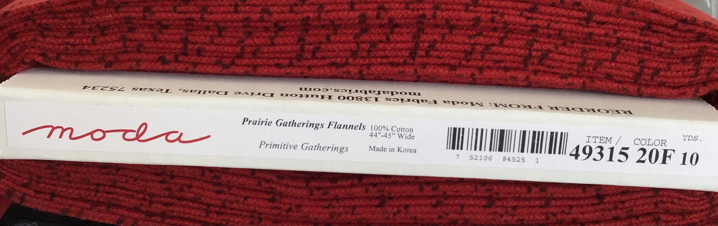 Prairie Gatherings Flannel by Primitive Gatherings for Moda Fabrics, Brick Red, Yardage Sold by the Yard