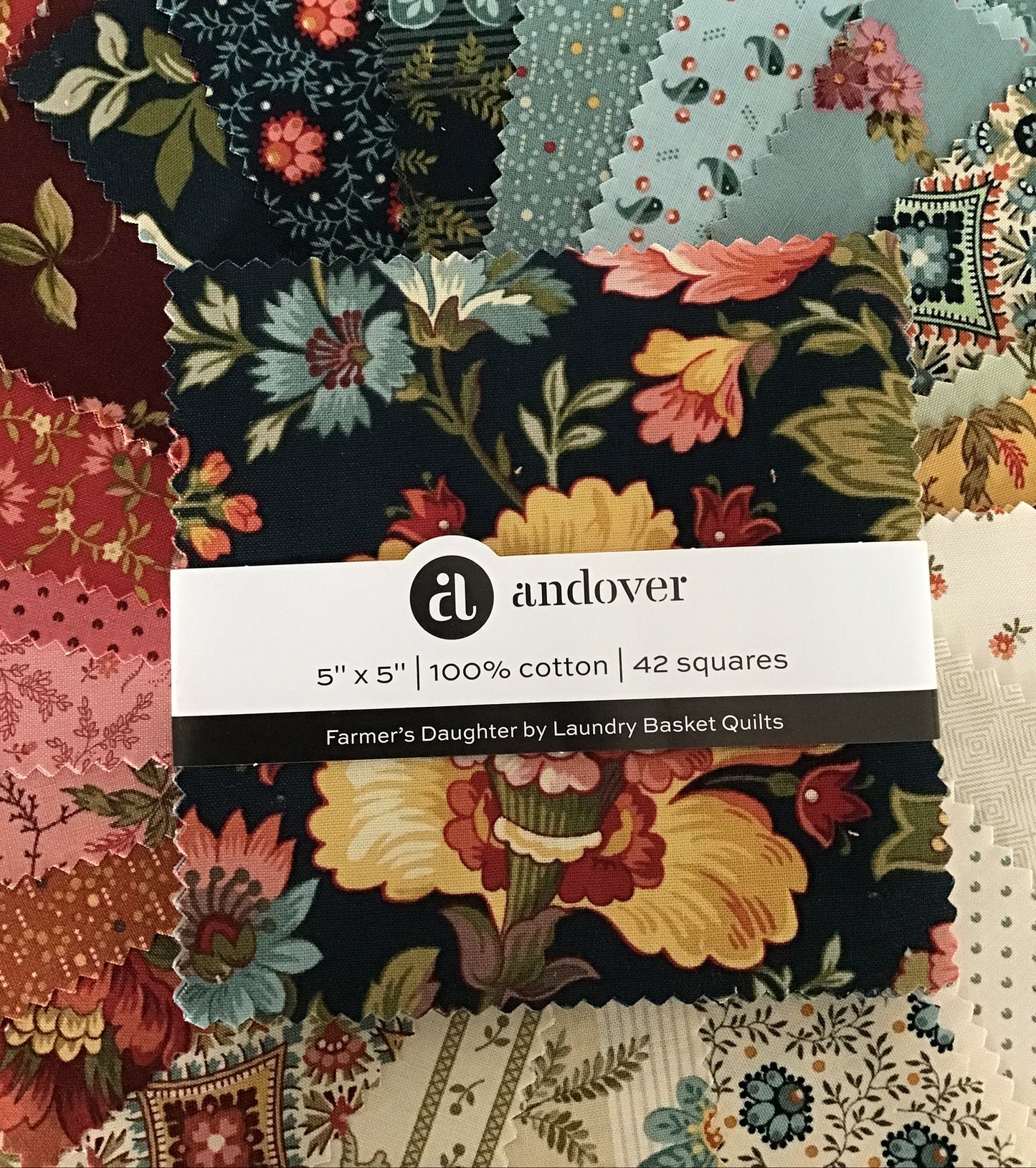 Farmer's Daughter charm pack by Laundry Basket Quilts. 5 inch precut cotton squares.