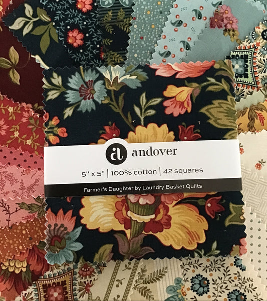 Farmer's Daughter charm pack by Laundry Basket Quilts. 5 inch precut cotton squares.